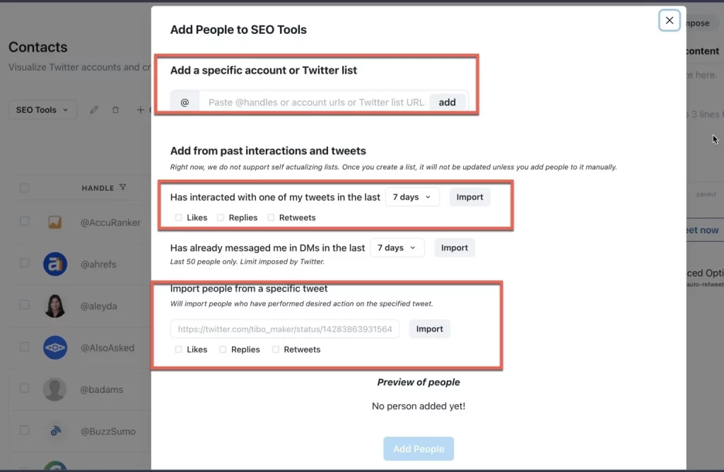 With the aid of this tool, you will be able to communicate meaningfully with your followers, fans, influencers, and brands that are important to you. With the Engage function available in Tweet Hunter, you can compile a list of users based on a variety of criteria and communicate with them right from the Tweet Hunter dashboard. 